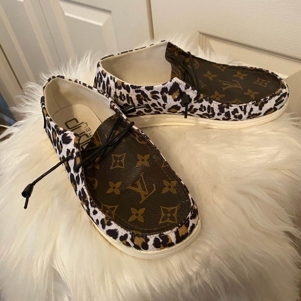 Hey dude custom Louis Vuitton with Faux LV top womens leopard boat shoe loafer